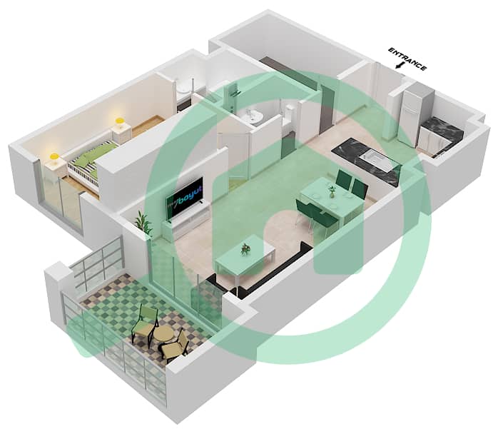 المخططات الطابقية لتصميم النموذج B شقة 1 غرفة نوم - حياتي أفينيو interactive3D