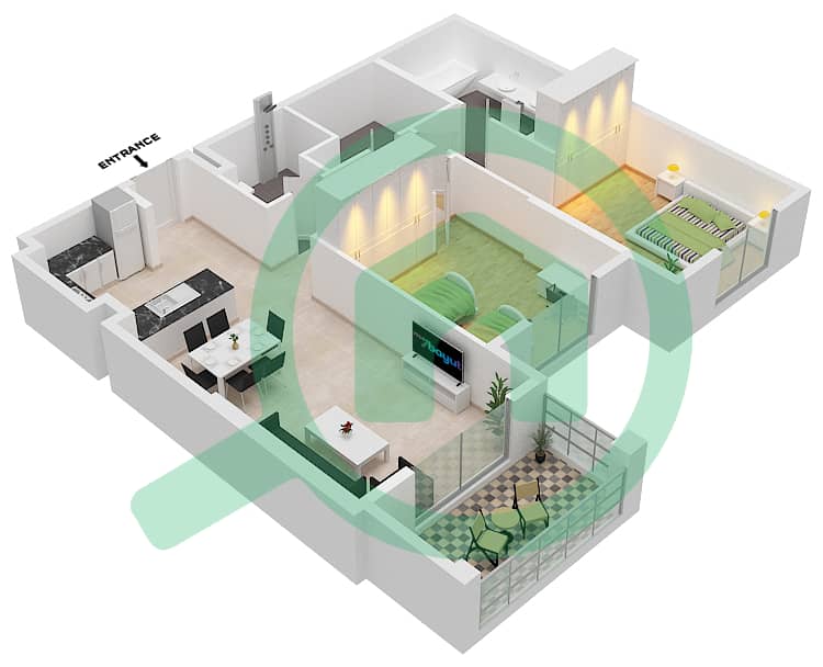 المخططات الطابقية لتصميم النموذج C شقة 2 غرفة نوم - حياتي أفينيو interactive3D