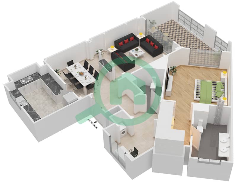 المخططات الطابقية لتصميم الوحدة 7205 شقة 1 غرفة نوم - عطارين interactive3D