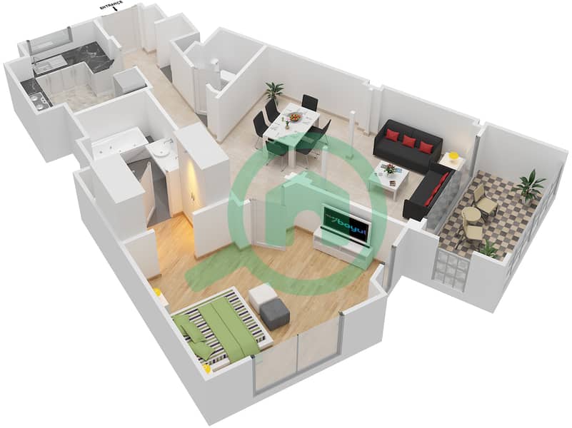 المخططات الطابقية لتصميم الوحدة 5212 شقة 1 غرفة نوم - عطارين interactive3D