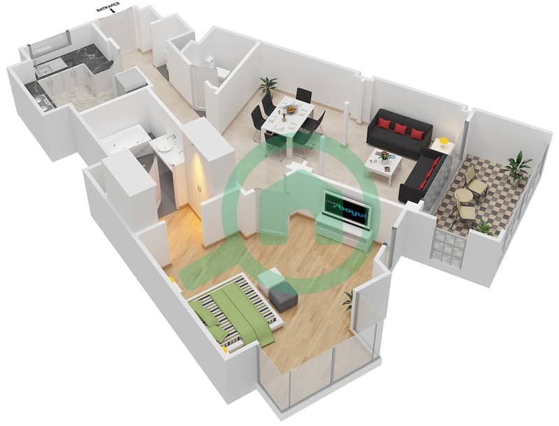 المخططات الطابقية لتصميم الوحدة 6212 شقة 1 غرفة نوم - عطارين interactive3D