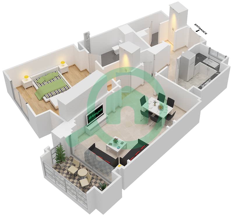 المخططات الطابقية لتصميم الوحدة 5210 شقة 1 غرفة نوم - عطارين interactive3D