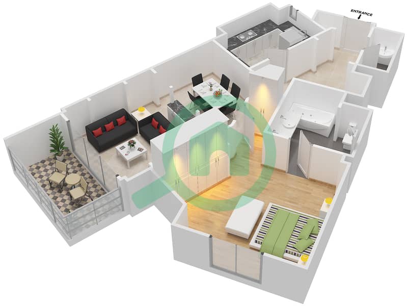 المخططات الطابقية لتصميم الوحدة 7211 شقة 1 غرفة نوم - عطارين interactive3D