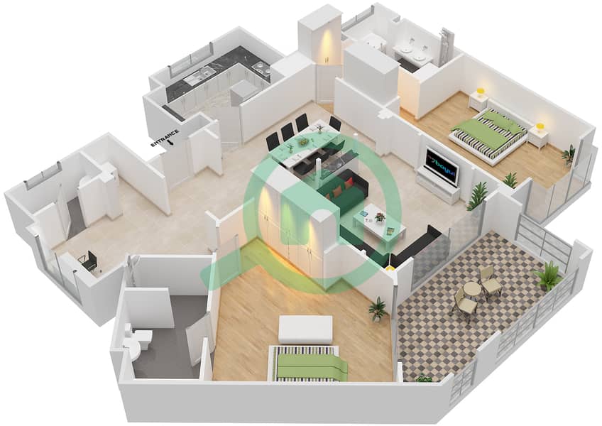Attareen - 2 Bedroom Apartment Unit 6203 Floor plan interactive3D