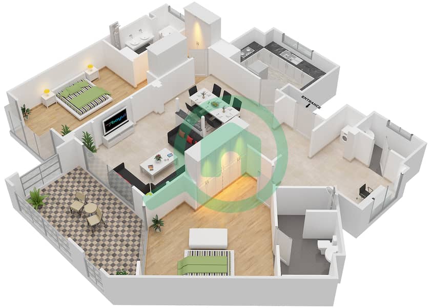 المخططات الطابقية لتصميم الوحدة 6206 شقة 2 غرفة نوم - عطارين interactive3D