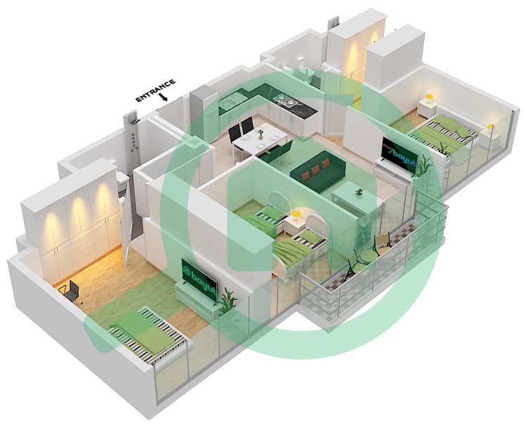 المخططات الطابقية لتصميم النموذج 2 شقة 3 غرف نوم - عزيزي ريفييرا 28 6-7 Floor interactive3D