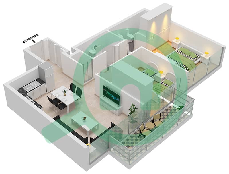 Azizi Riviera 28 - 2 Bedroom Apartment Type 1B Floor plan 2-7 Floor interactive3D