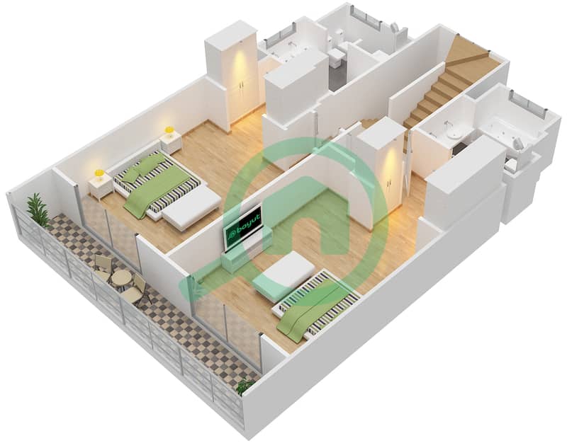 المخططات الطابقية لتصميم الوحدة 1235 شقة 2 غرفة نوم - عطارين interactive3D