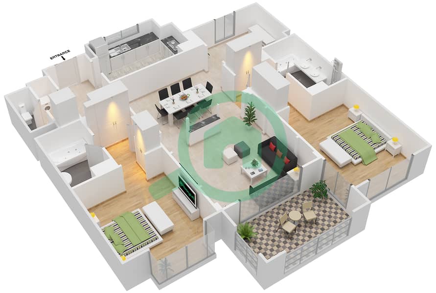 المخططات الطابقية لتصميم الوحدة 6207 شقة 2 غرفة نوم - عطارين interactive3D
