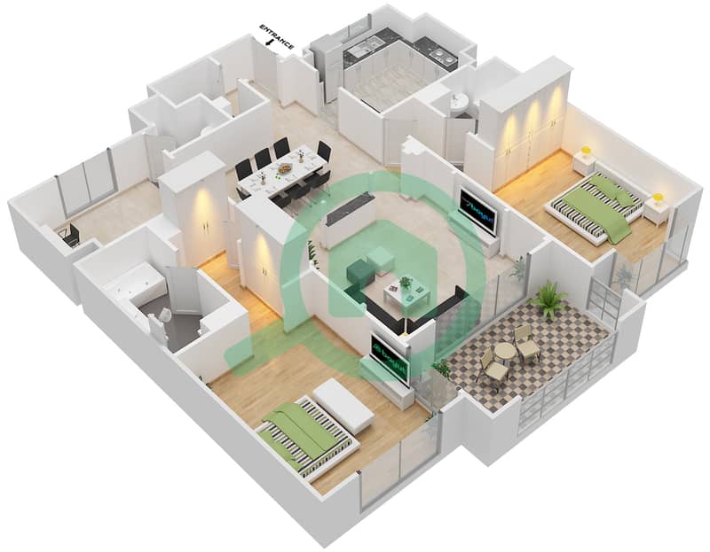 Attareen - 2 Bedroom Apartment Unit 6215 Floor plan interactive3D
