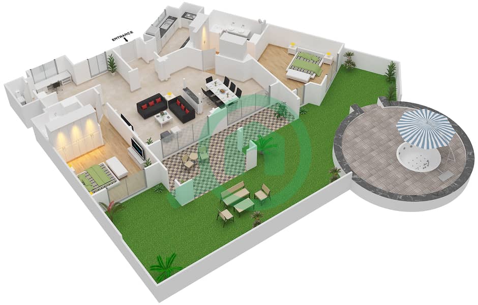 المخططات الطابقية لتصميم الوحدة 5222 شقة 2 غرفة نوم - عطارين interactive3D