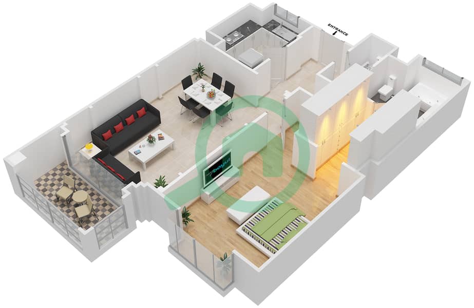 المخططات الطابقية لتصميم الوحدة 6213 شقة 1 غرفة نوم - عطارين interactive3D