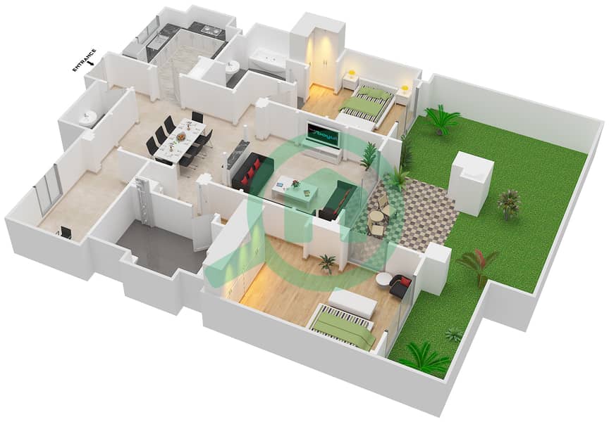 المخططات الطابقية لتصميم الوحدة 3214 شقة 2 غرفة نوم - عطارين interactive3D