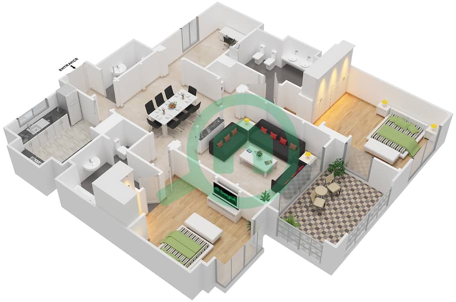 Аттаэрин - Апартамент 2 Cпальни планировка Единица измерения 4214 interactive3D