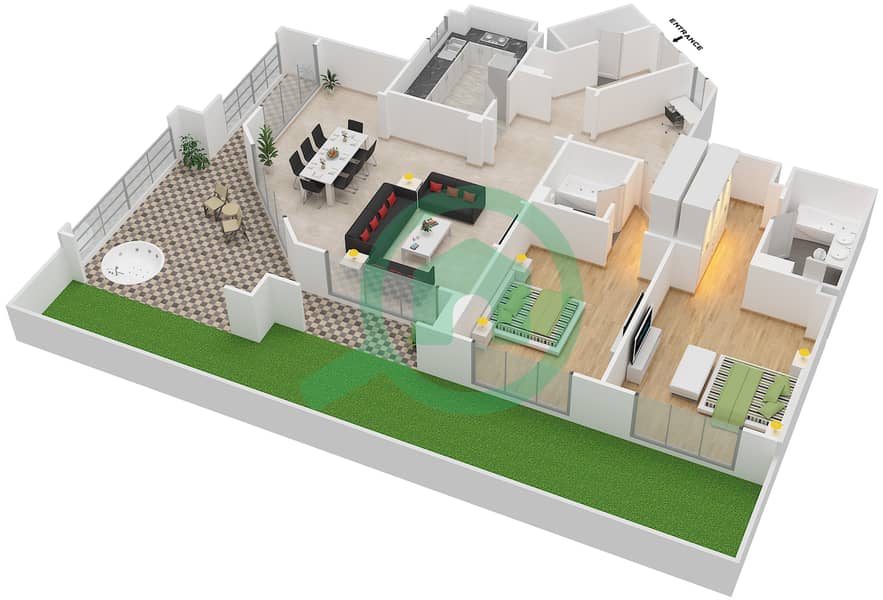 المخططات الطابقية لتصميم الوحدة 4216 شقة 2 غرفة نوم - عطارين interactive3D