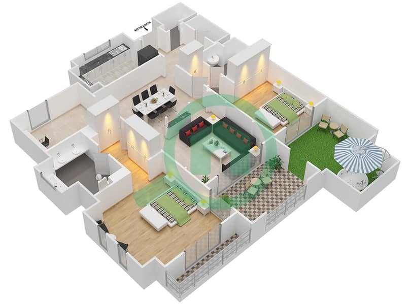 المخططات الطابقية لتصميم الوحدة 1236 شقة 2 غرفة نوم - عطارين interactive3D