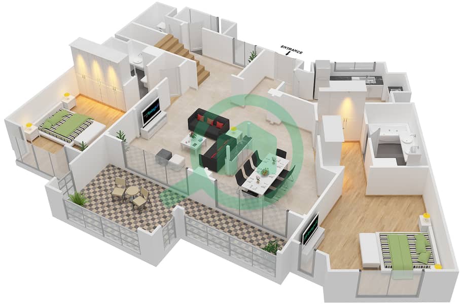 المخططات الطابقية لتصميم الوحدة 6222 شقة 2 غرفة نوم - عطارين interactive3D