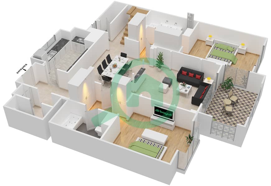 المخططات الطابقية لتصميم الوحدة 6221 شقة 2 غرفة نوم - عطارين Floor 6 interactive3D