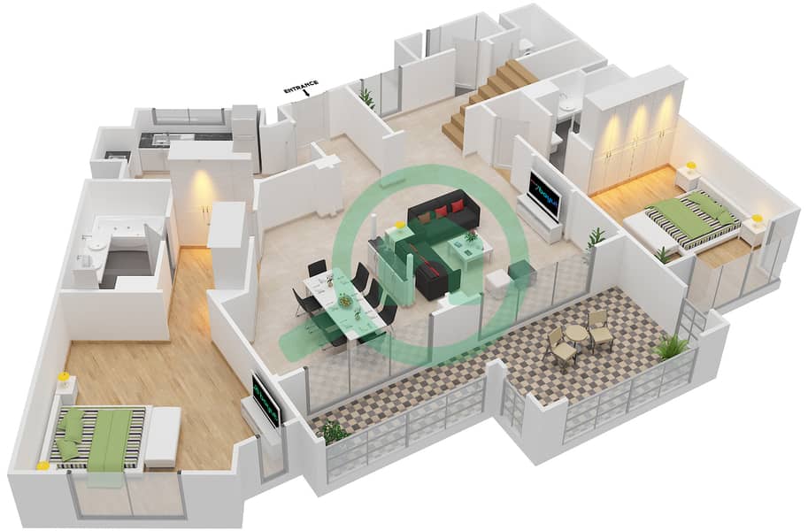 Аттаэрин - Апартамент 2 Cпальни планировка Единица измерения 6223 interactive3D