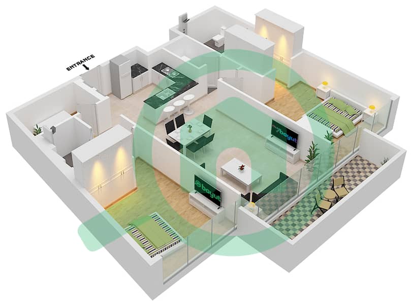 المخططات الطابقية لتصميم الوحدة 101 شقة 2 غرفة نوم - مساكن القناة الأمامية First Floor interactive3D