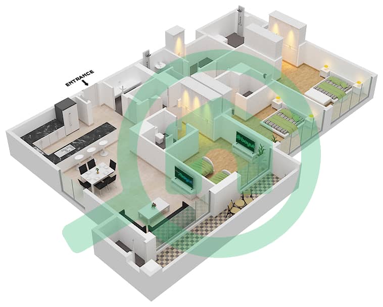 运河景观公寓 - 3 卧室公寓单位106戶型图 First Floor interactive3D
