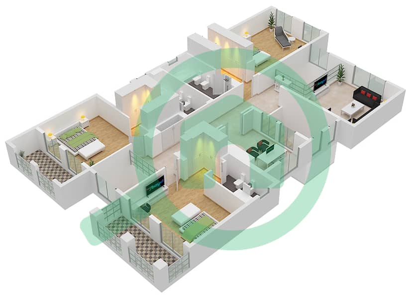 المخططات الطابقية لتصميم النموذج D فیلا 3 غرف نوم - دستركت ون First Floor interactive3D