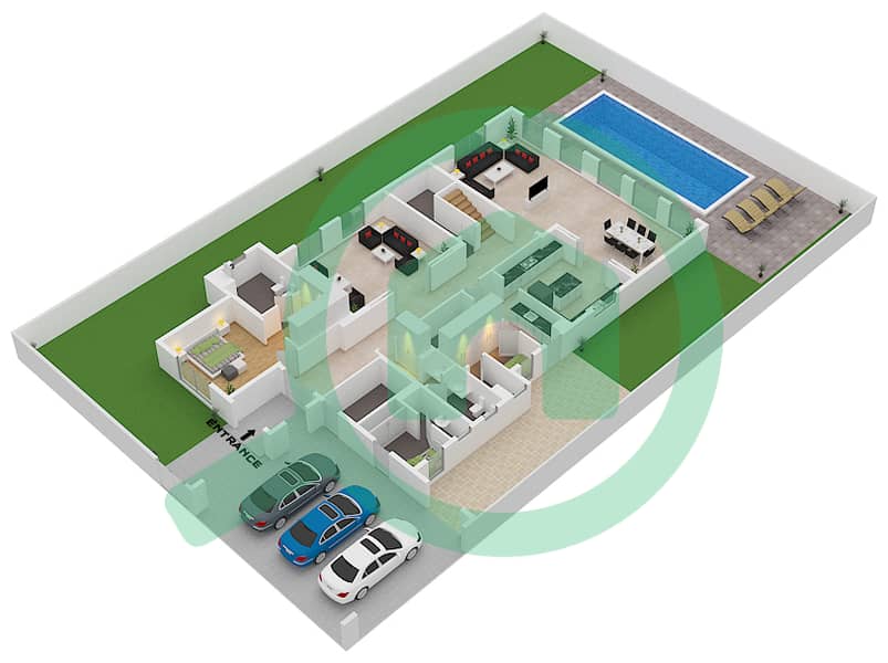 المخططات الطابقية لتصميم النموذج E فیلا 5 غرف نوم - دستركت ون Ground Floor interactive3D