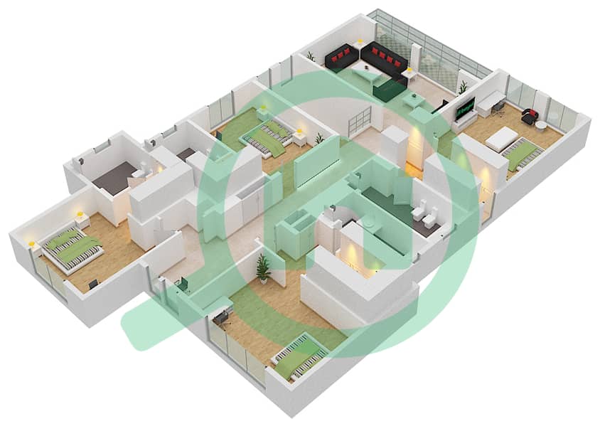 المخططات الطابقية لتصميم النموذج E فیلا 5 غرف نوم - دستركت ون First Floor interactive3D