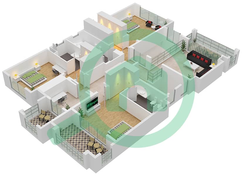 المخططات الطابقية لتصميم النموذج G فیلا 4 غرف نوم - دستركت ون First Floor interactive3D