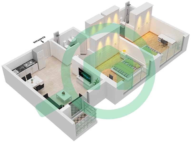 المخططات الطابقية لتصميم النموذج / الوحدة F/1  FLOOR  21 شقة 2 غرفة نوم - أبراج التنين interactive3D