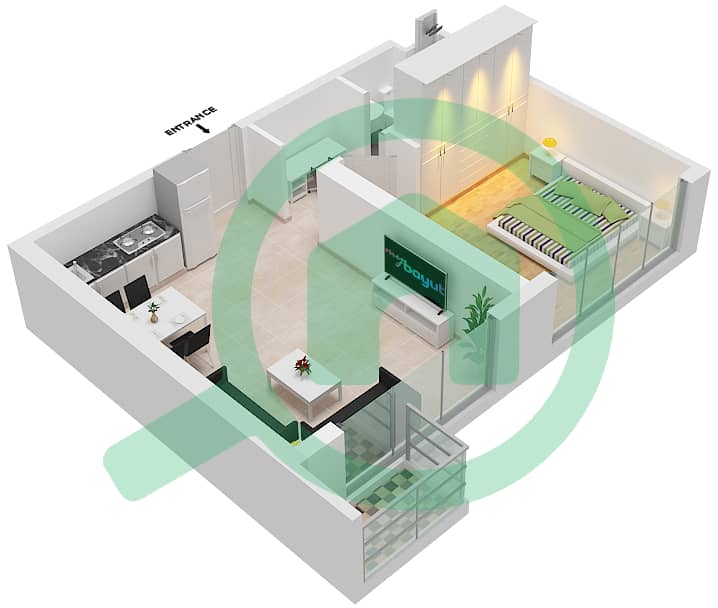 المخططات الطابقية لتصميم النموذج / الوحدة C2/5   FLOOR 21 شقة 1 غرفة نوم - أبراج التنين interactive3D