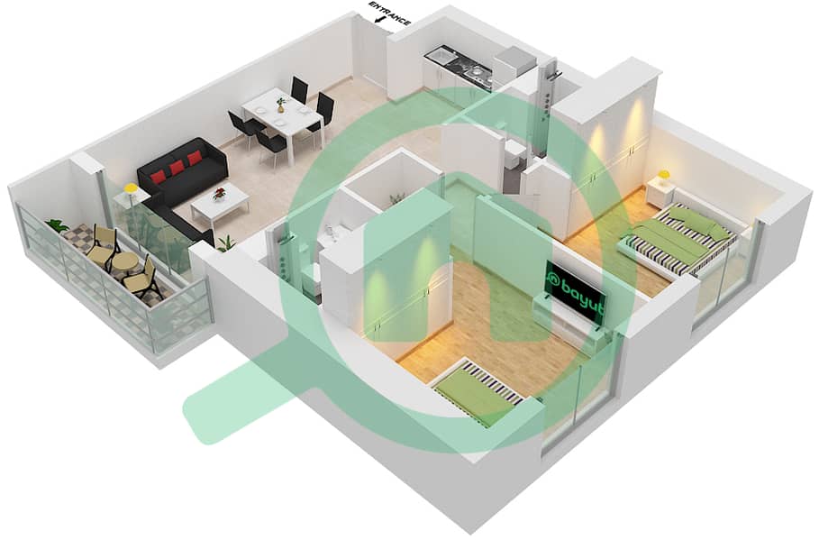 المخططات الطابقية لتصميم النموذج / الوحدة A3/7   FLOOR 21 شقة 2 غرفة نوم - أبراج التنين interactive3D