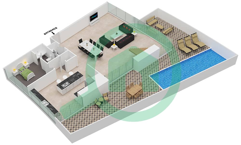 المخططات الطابقية لتصميم النموذج 1 شقة 3 غرف نوم - برج كافالي Lower Floor interactive3D