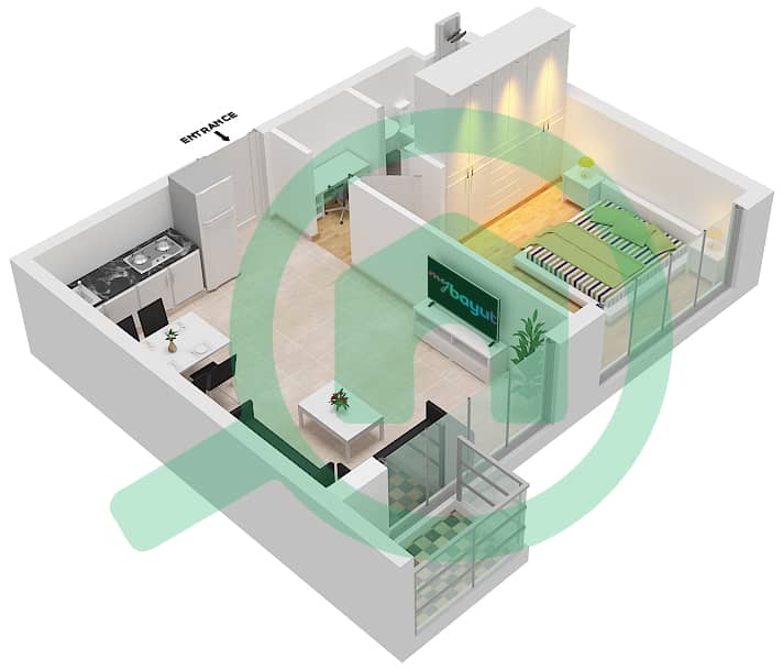 المخططات الطابقية لتصميم النموذج / الوحدة B3/9   FLOOR 21 شقة 1 غرفة نوم - أبراج التنين interactive3D