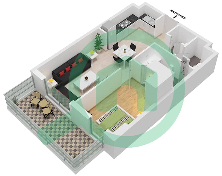 المخططات الطابقية لتصميم النموذج 1B-2 شقة 1 غرفة نوم - الراحة لوفتس interactive3D