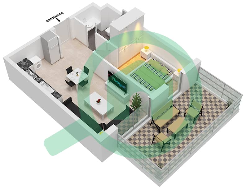 المخططات الطابقية لتصميم النموذج 1B-7 شقة 1 غرفة نوم - الراحة لوفتس interactive3D