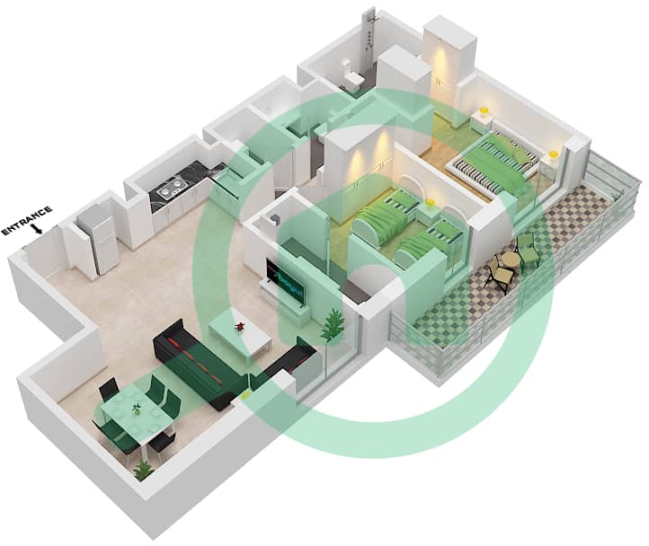 Аль Раха Лофтс - Апартамент 2 Cпальни планировка Тип 1B-8 interactive3D