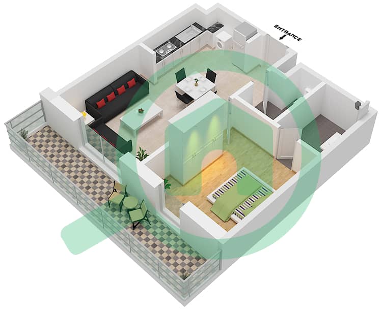 المخططات الطابقية لتصميم النموذج 1B-9 شقة 1 غرفة نوم - الراحة لوفتس interactive3D