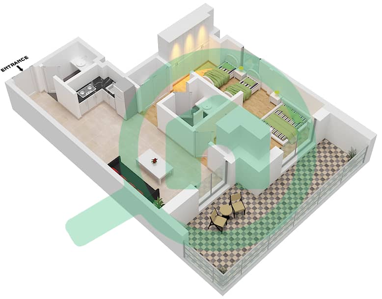 المخططات الطابقية لتصميم النموذج 1B-11 شقة 2 غرفة نوم - الراحة لوفتس interactive3D