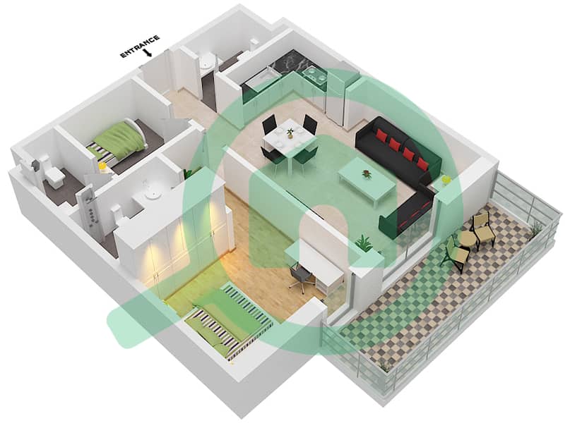 المخططات الطابقية لتصميم النموذج 1B-14 شقة 1 غرفة نوم - الراحة لوفتس interactive3D