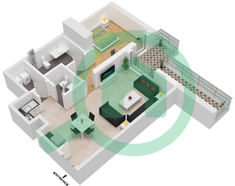 المخططات الطابقية لتصميم النموذج 1B-15 شقة 1 غرفة نوم - الراحة لوفتس interactive3D