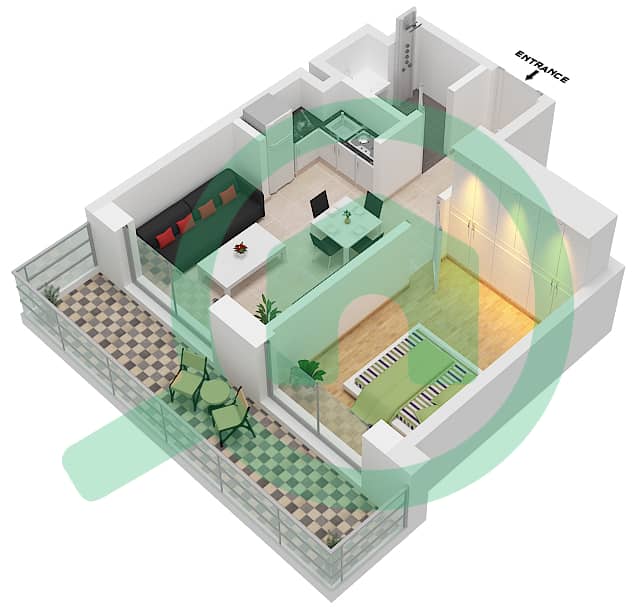 Al Raha Lofts - 1 Bedroom Apartment Type 1B-17 Floor plan interactive3D
