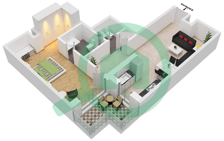 المخططات الطابقية لتصميم النموذج 1B-19 شقة 1 غرفة نوم - الراحة لوفتس interactive3D