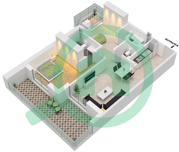 Аль Раха Лофтс - Апартамент 2 Cпальни планировка Тип 1B-21 interactive3D