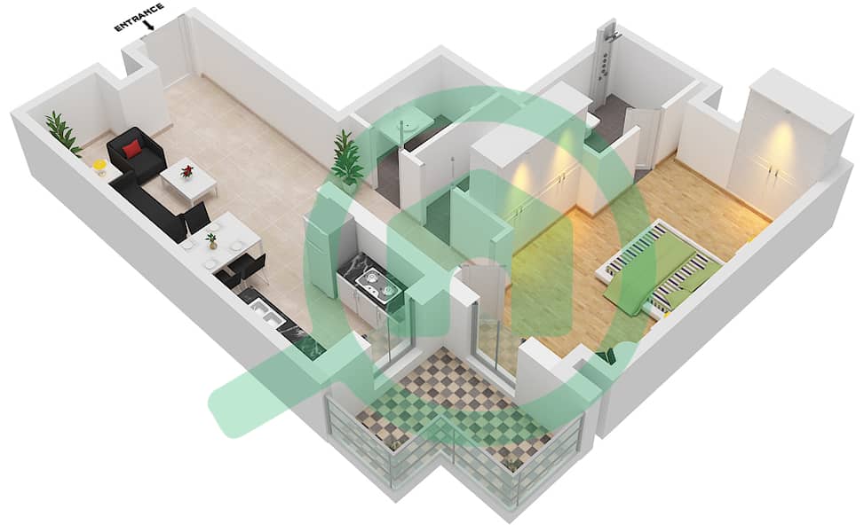 المخططات الطابقية لتصميم النموذج 1B-22 شقة 1 غرفة نوم - الراحة لوفتس interactive3D