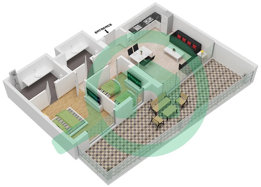 Аль Раха Лофтс - Апартамент 2 Cпальни планировка Тип 1B-24 interactive3D