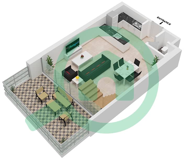 Al Raha Lofts - 2 Bedroom Apartment Type 1DB-5 Floor plan Lower Floor interactive3D