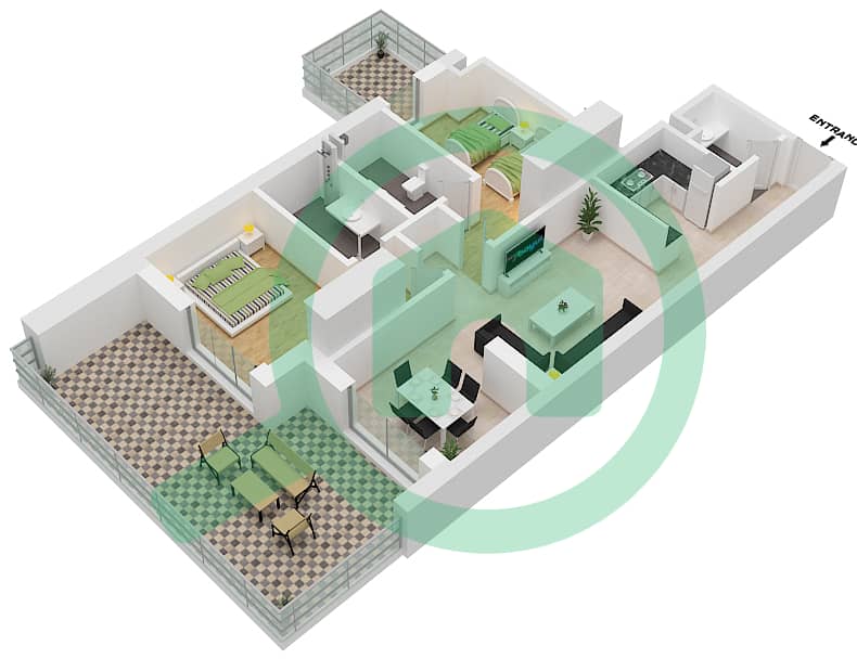 Аль Раха Лофтс - Апартамент 2 Cпальни планировка Тип 2B-1 interactive3D