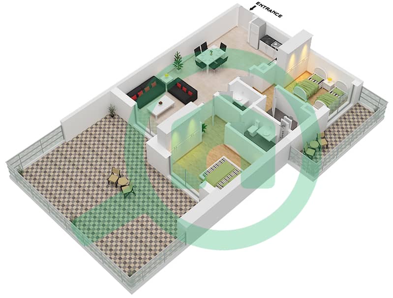 Аль Раха Лофтс - Апартамент 2 Cпальни планировка Тип 2B-5 interactive3D