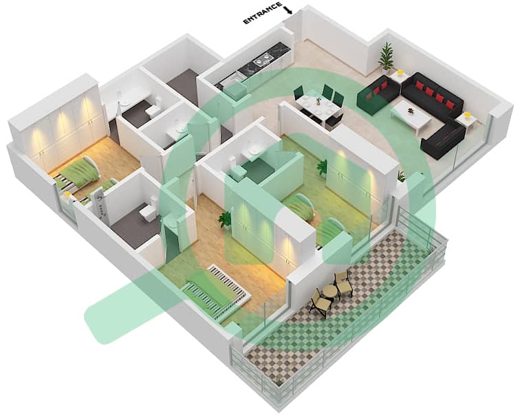المخططات الطابقية لتصميم النموذج 2B-7 شقة 3 غرف نوم - الراحة لوفتس interactive3D